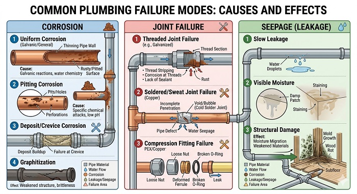 lumbing failure modes – corrosion, joint failure, seepage.